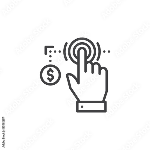 Hand using touch screen and coin line icon, outline vector sign, linear pictogram isolated on white. Pay per click symbol, logo illustration