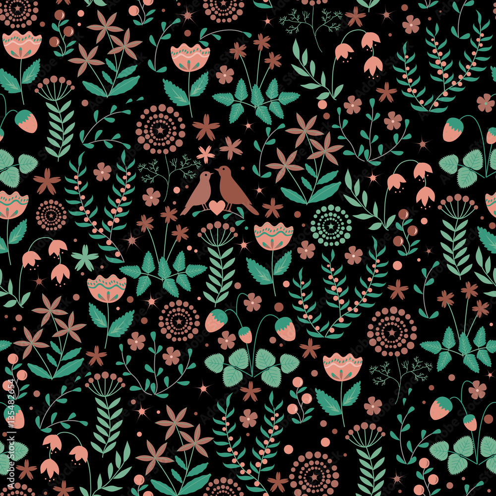 Seamless pattern with cute birds couple on doodle flower background