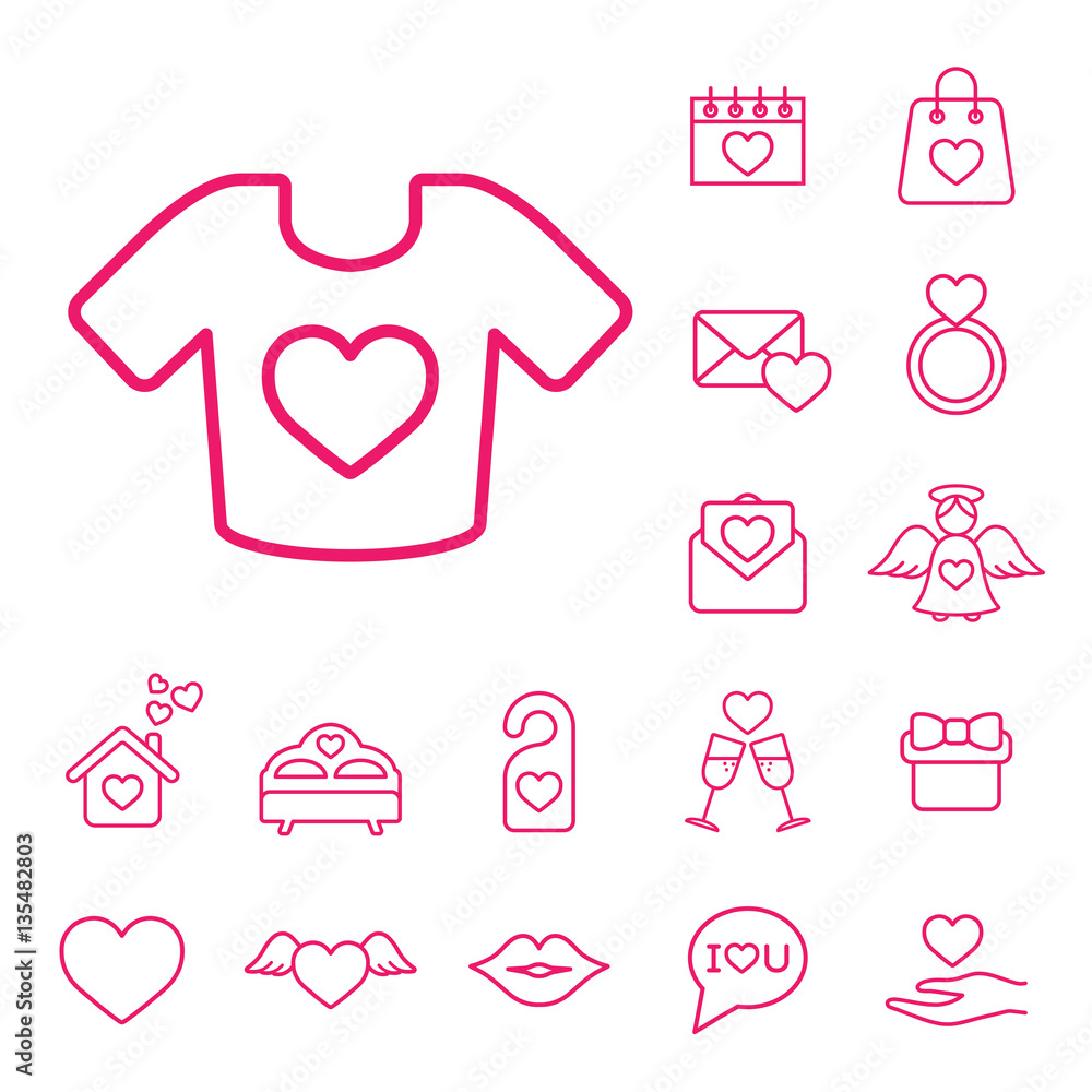t-shirt with heart line icons set