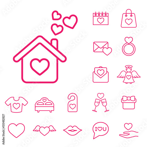 house cosiness couple love line icons set