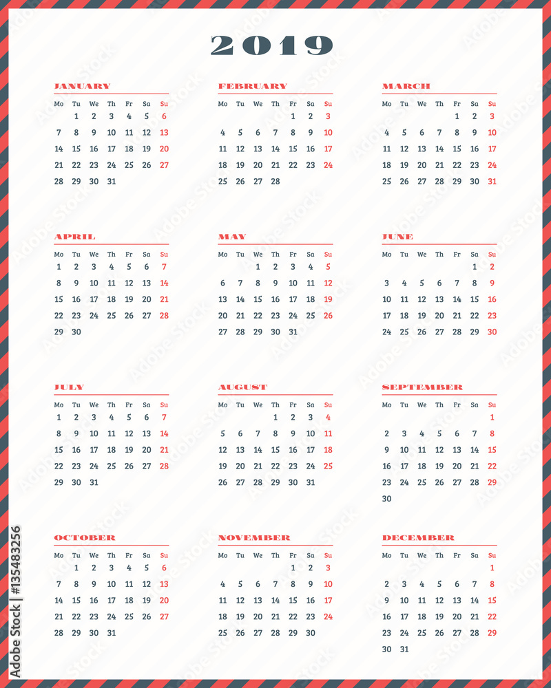 Calendar for 2019 year. Week starts Monday. Vector Illustration Stock ...