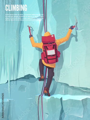 Extreme sports. Climbing the mountain. Ice climbing. Man with climbing gear. Vector illustration