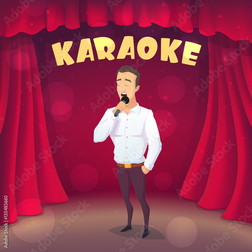 Muscular guy singing Karaoke on scene. Cartoon style. Vector illustration