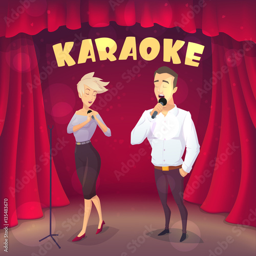 Muscular guy with Blonde girl singing Karaoke on scene. Cartoon style. Vector illustration