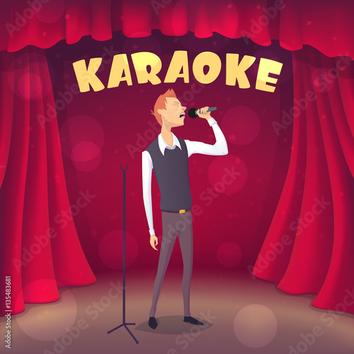 Skinny guy singing Karaoke on the scene. Cartoon style. Vector illustration