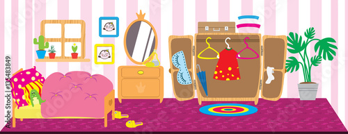 Dolls room interior. Horizontal back banner. Flat style cartoon illustration.