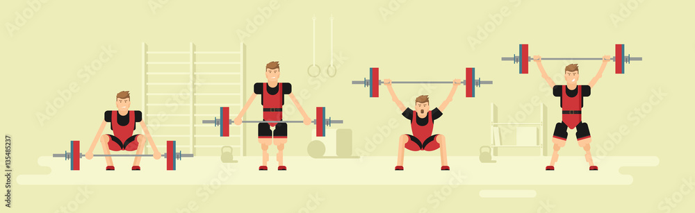 Weightlifting snatch. The sequence of the exercise - snatch. Gym

