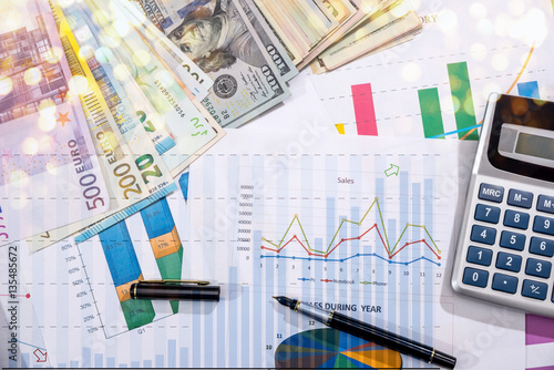 financial concept - business graph, euro, dollar and calculator on desk.