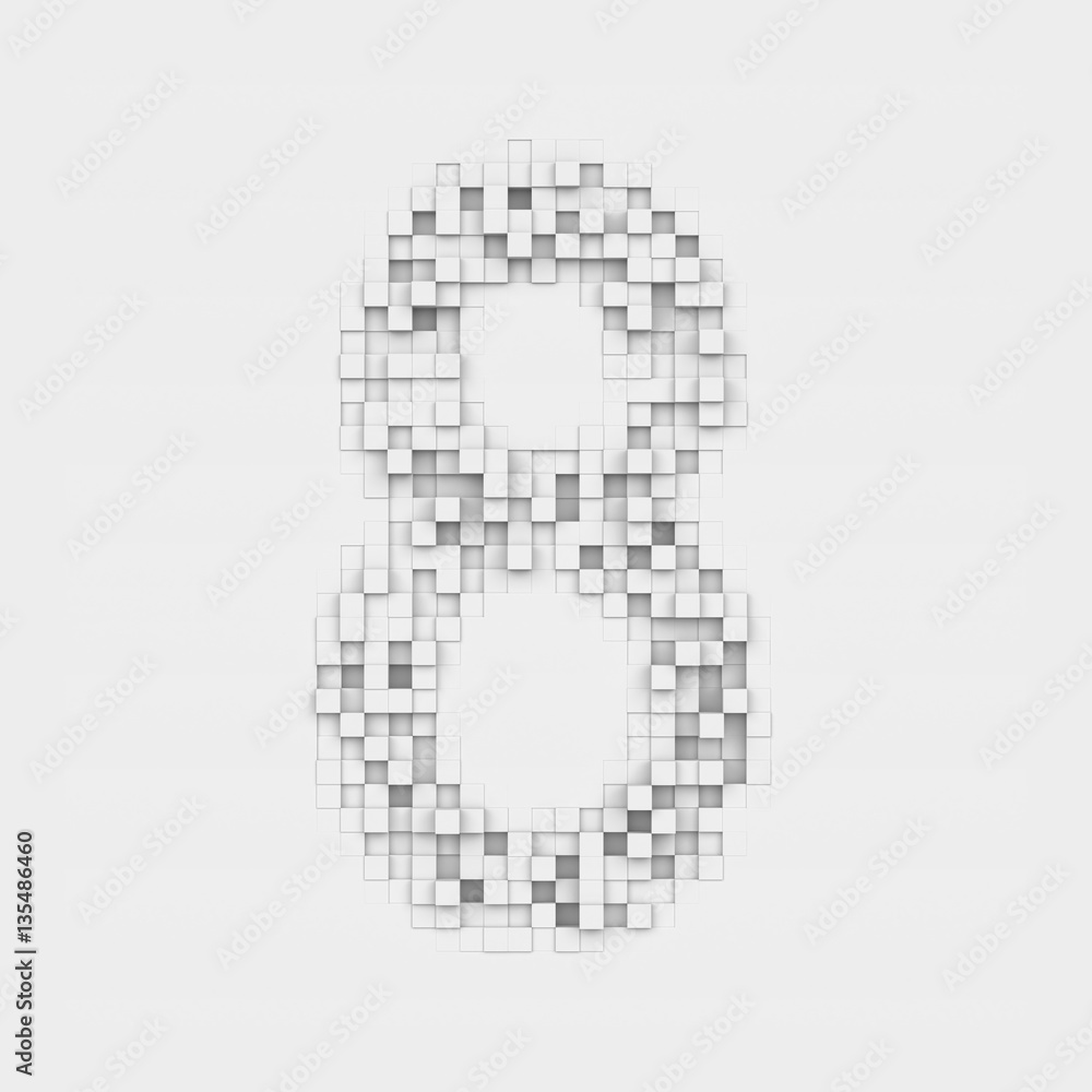 Fototapeta premium Rendering number 8 made up of white square uneven tiles
