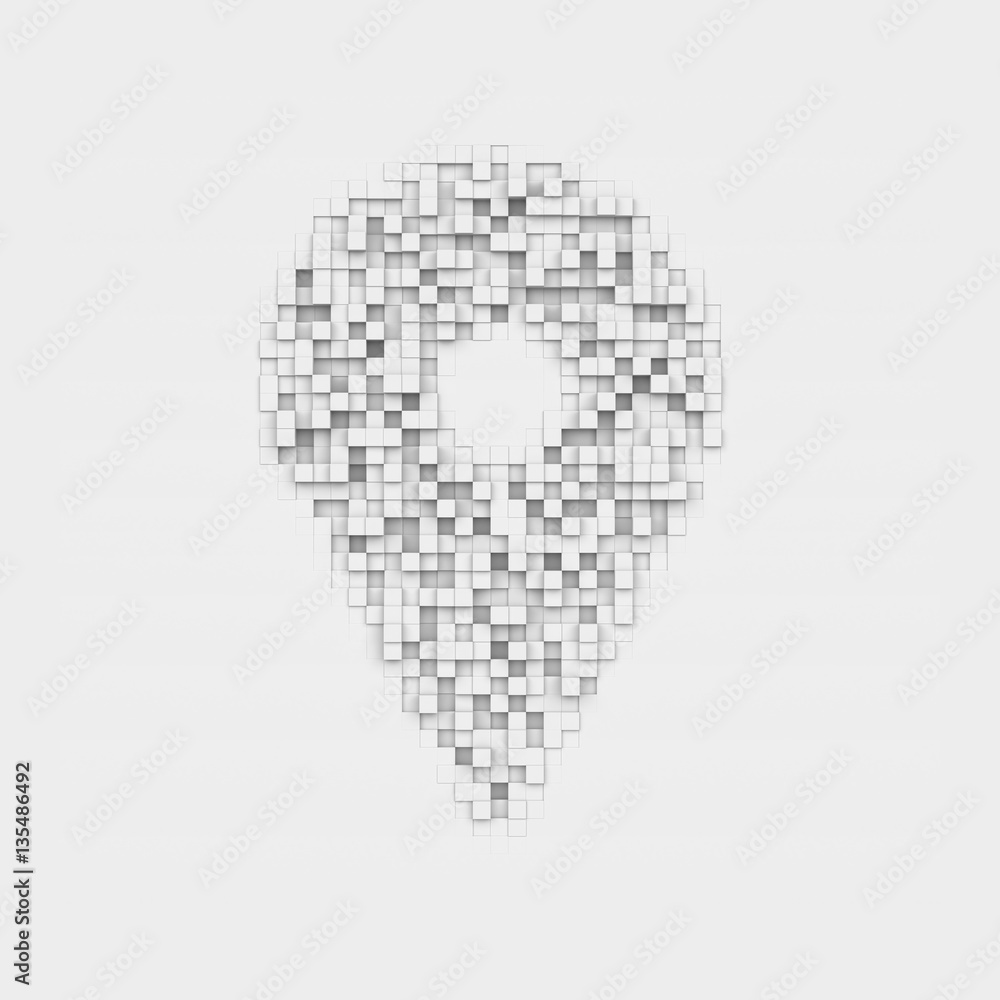 Fototapeta premium Rendering white geolocation marker made up of many square uneven blocks.