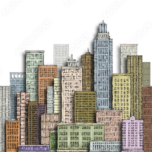 Hand drawn big city. Vintage illustration with architecture, skyscrapers, megapolis, buildings, downtown.