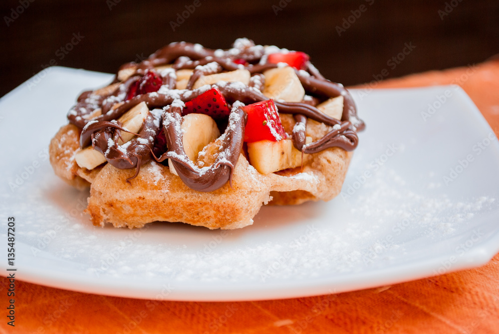 Belgian Waffle with caramel, strawberry and banana