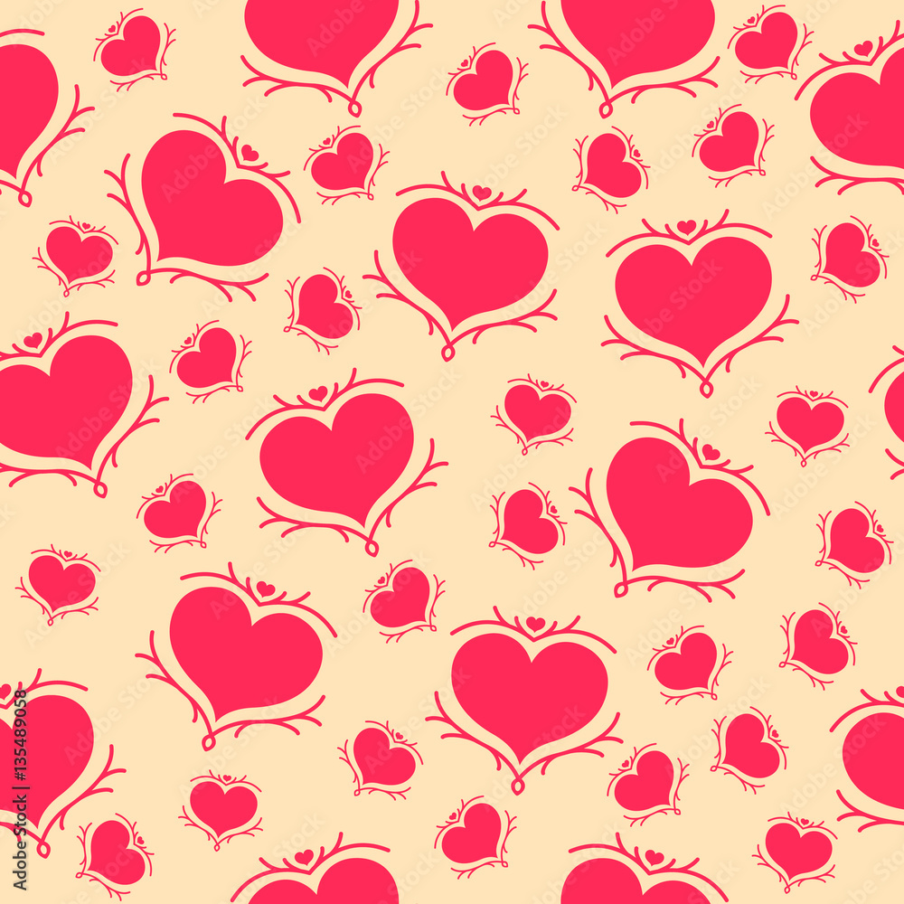Vector seamless pattern of red hearts on yellow background