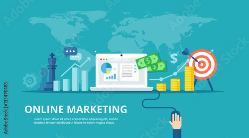 Digital marketing process - banner in flat style. Concept of strategy, successful result and profit growth. Online business vector illustration.
