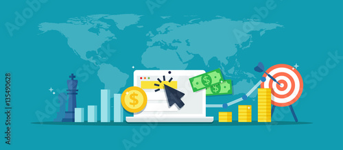 Online advertising campaign - abstract illustration in flat style. Internet marketing vector banner. Concept of strategy, e-commerce, successful result and profit growth.