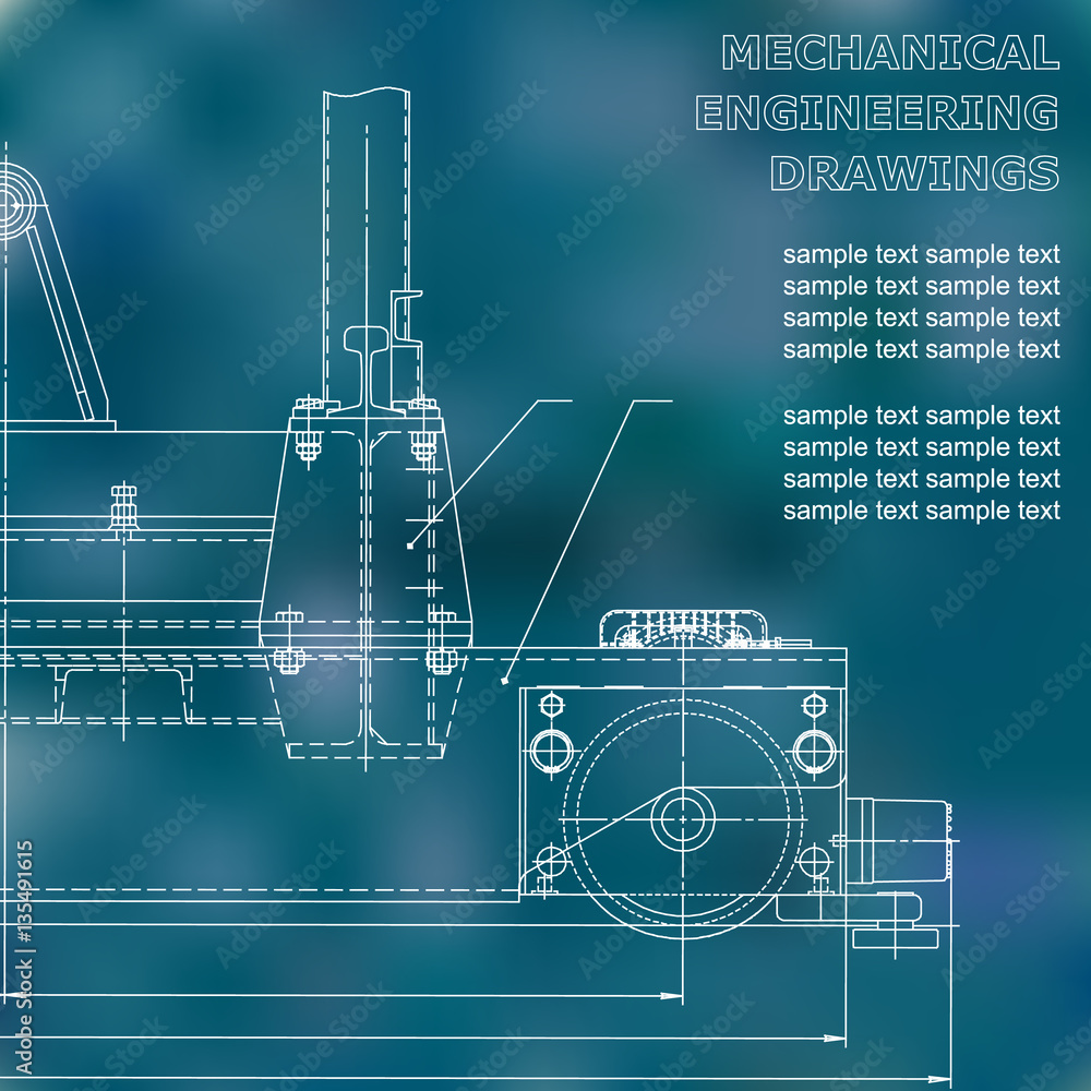 Mechanical engineering drawings on a black background. Vector. For inscriptions. Blue