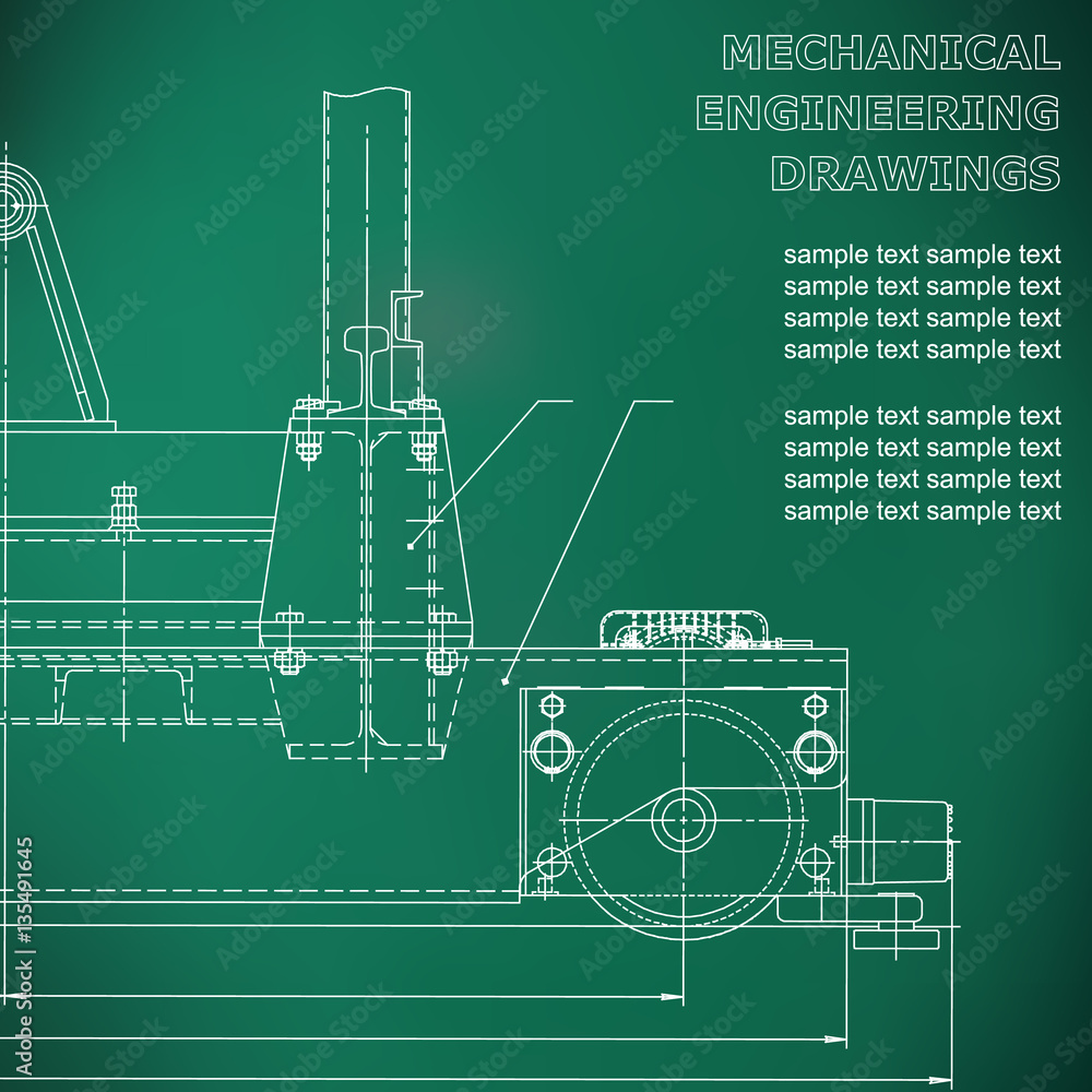 Mechanical engineering drawings on a black background. Vector. For inscriptions, green