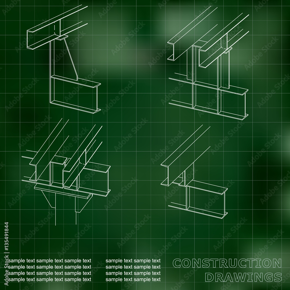 3D metal construction. The beams and columns. Cover, background for inscriptions. Construction drawings. Green. Grid