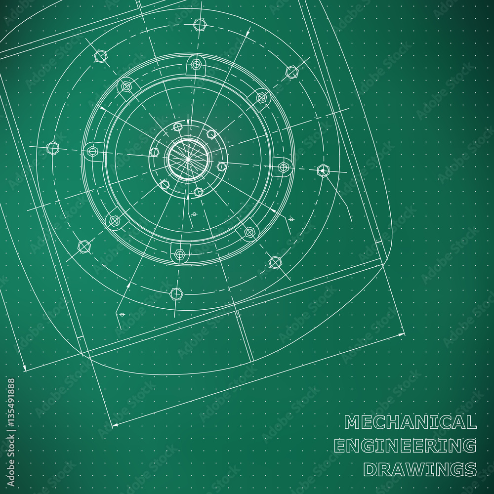 Mechanical engineering drawings. Engineering illustration. Vector background. Green. Points line