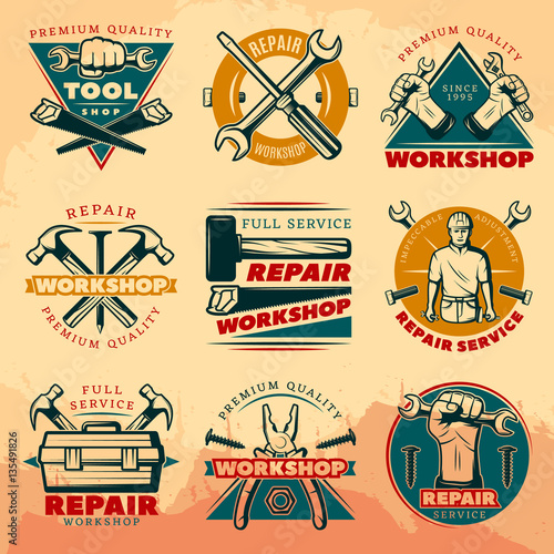 Vintage Repair Workshop Color Logo Set
