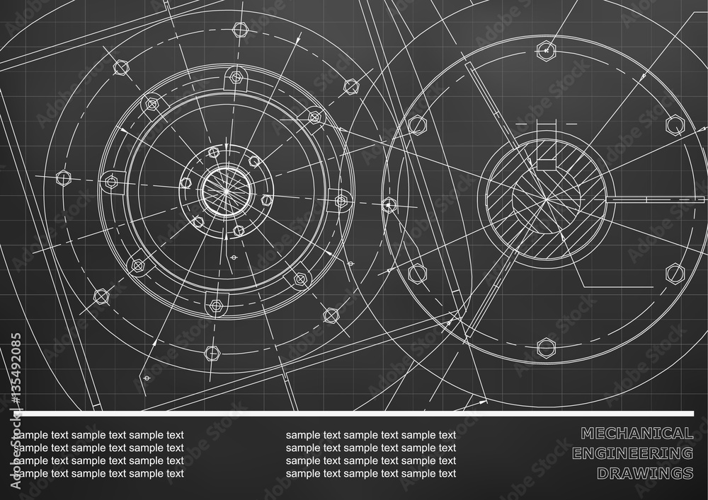 Vector Mechanical engineering drawings on a black background. Cover, Background for inscription labels. Corporate Identity. Grid