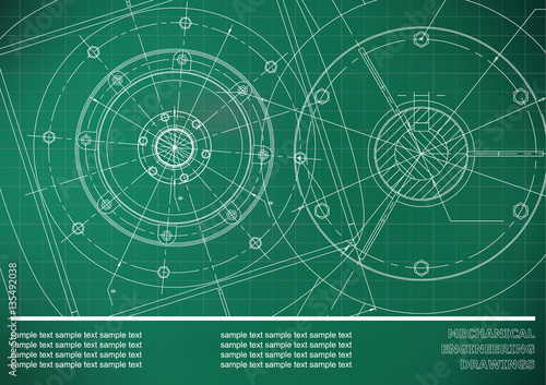 Vector Mechanical engineering drawings on a light green background. Cover, Background for inscription labels. Corporate Identity. Grid