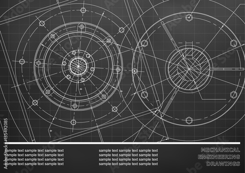 Vector Mechanical engineering drawings on a black background. Cover, Background for inscription labels. Corporate Identity. Grid