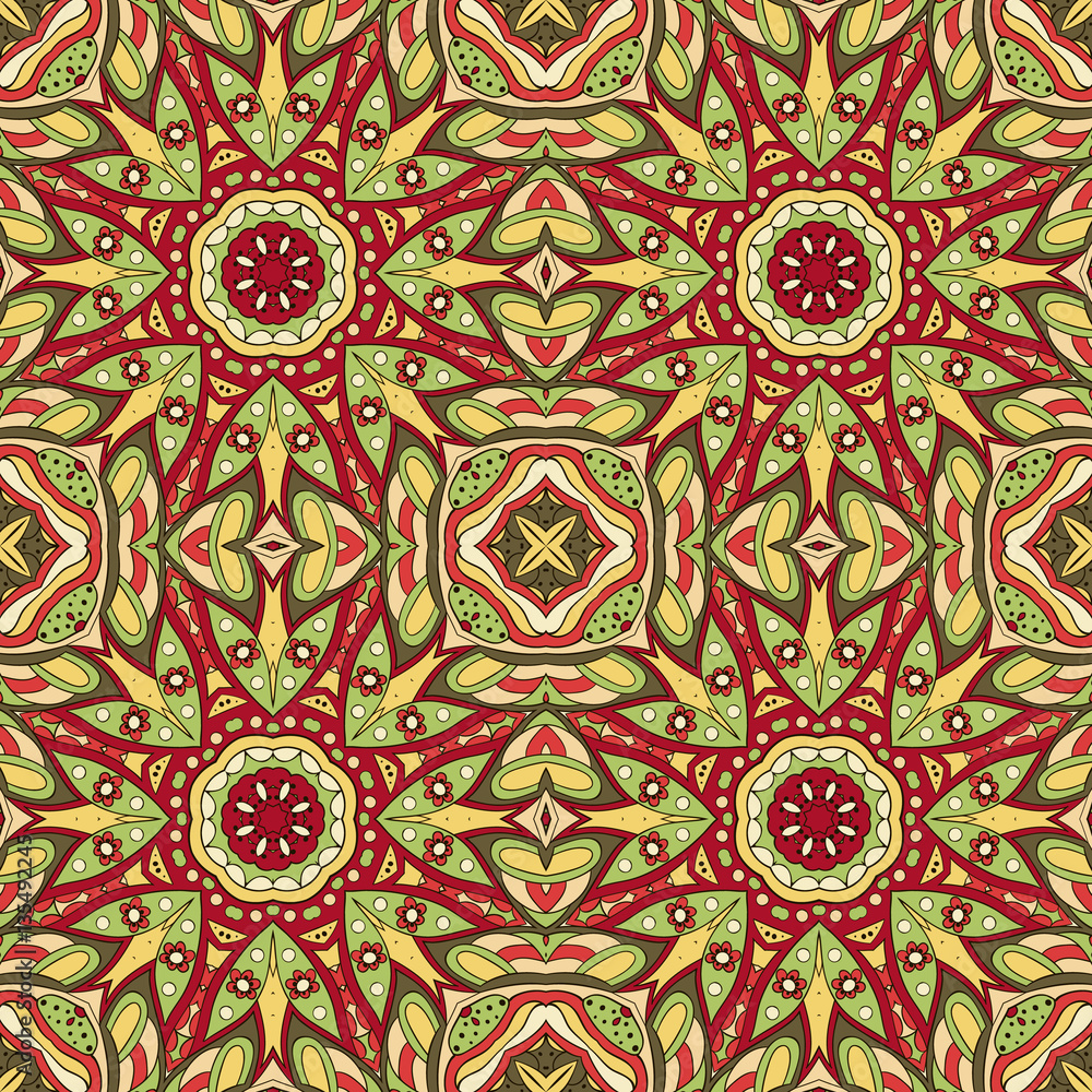 Seamless Mandala. Seamless oriental pattern. Doodle drawing. Hand drawing. Yoga, relaxation, floral motifs. Yellow, green and red colors