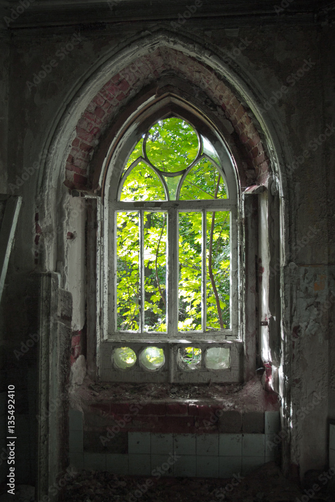 Old rotten doorway of an abandoned mansion of Khvostov in gothic style Old rotten doorway of an abandoned mansion of Khvostov in gothic style