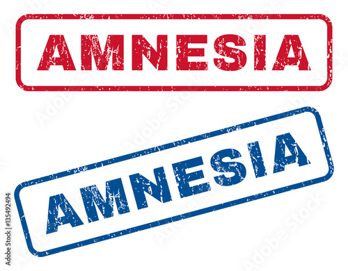 Amnesia text rubber seal stamp watermarks. Vector style is blue and red ink tag inside rounded rectangular banner. Grunge design and dirty texture. Blue and red emblems.