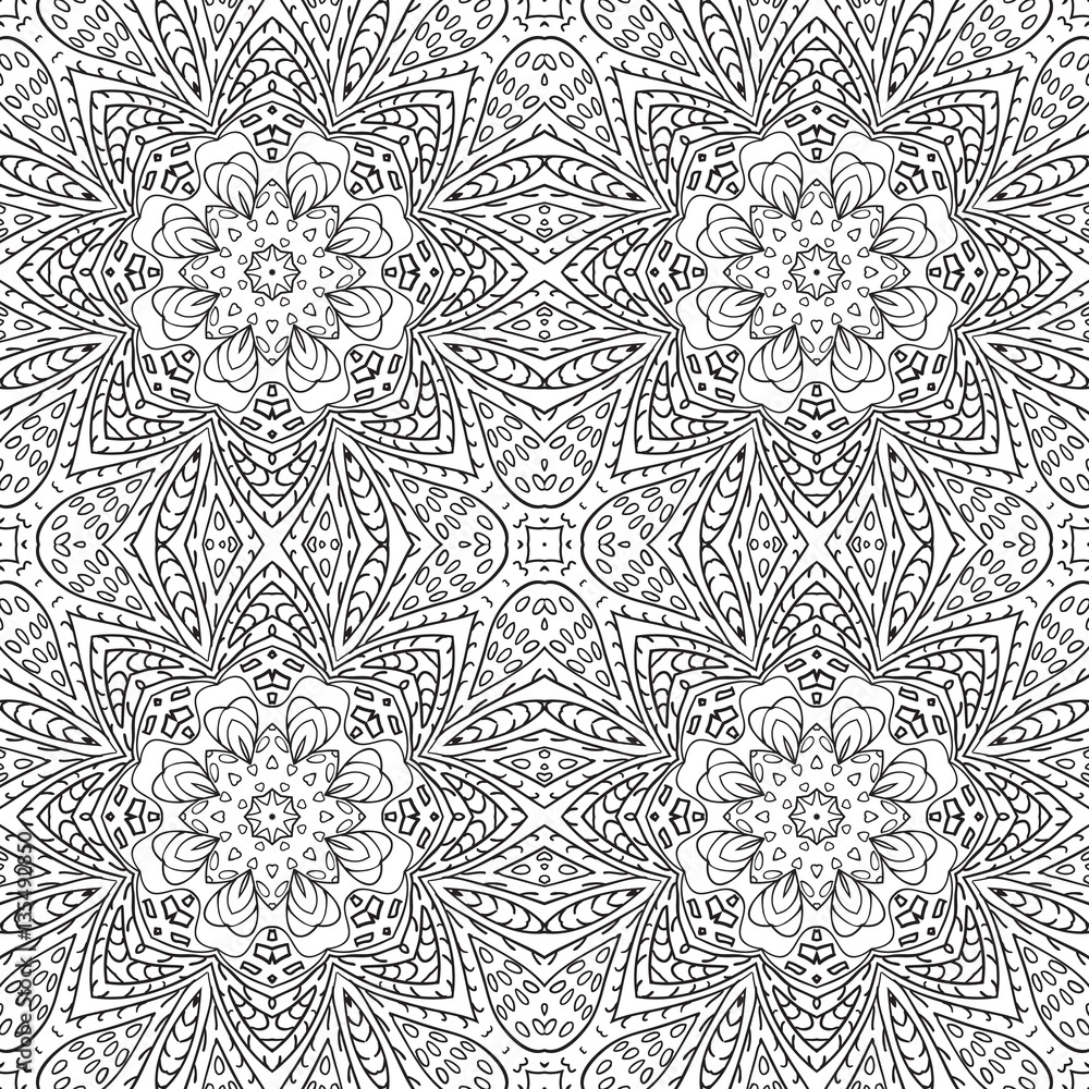 Mandala doodle drawing. floral seamless ornament. Ethnic motives. Zentangl. Coloring. Flower