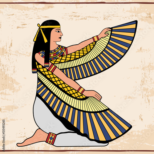 Vector illustration of Egyptian national drawing. Goddess Isis. Color drawing on a beige background with the effect of aging.
