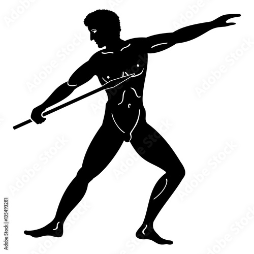 Greek style drawing. Naked men throwing a spear. Isolated blask drawing on a white background.