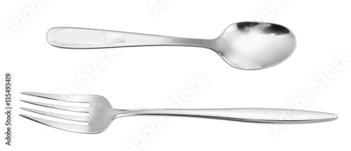 Metal spoon and fork, isolated on white background