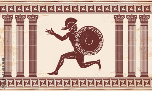Greek style drawing. Naked running men with shield and helmet and national ornament. Brown drawing with aging effect on a beige background.
