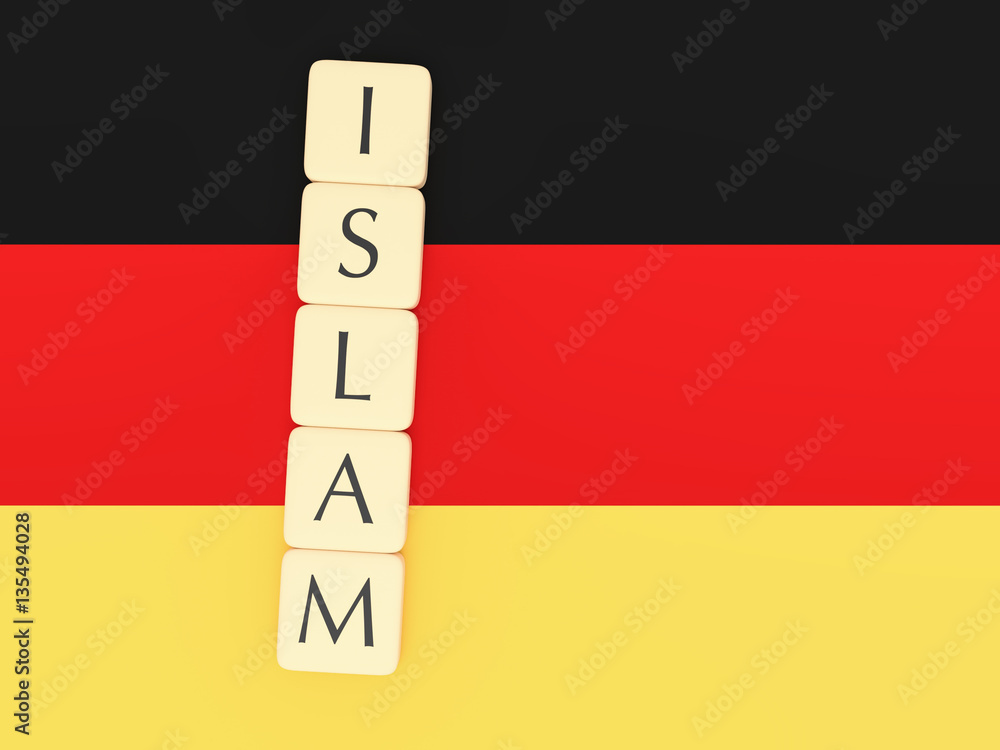 Fototapeta premium Religion In Germany Concept: Letter Tiles Creating Word Islam, with German flag, 3d illustration