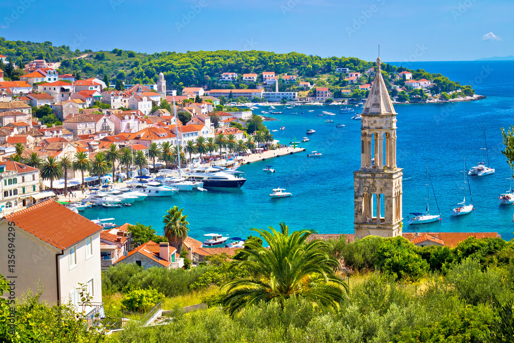 Amazing town of Hvar harbor aerial view