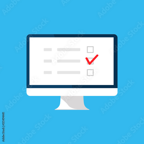 Online survey, checklist, questionnaire icon. Computer screen. Feedback business concept. Cartoon flat vector illustration isolated on blue. Minimalistic design for web site, mobile app