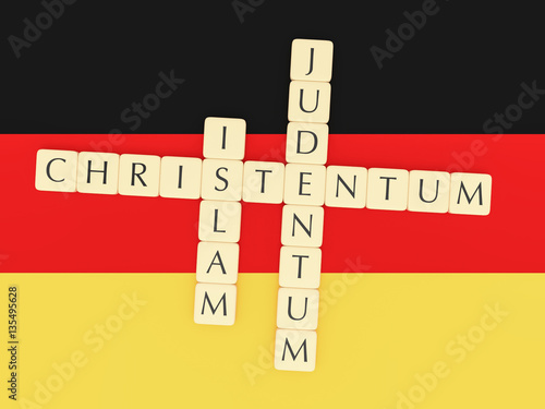 Photography Religion In Germany Concept: Letter Tiles Creating The German Words Islam, Juden