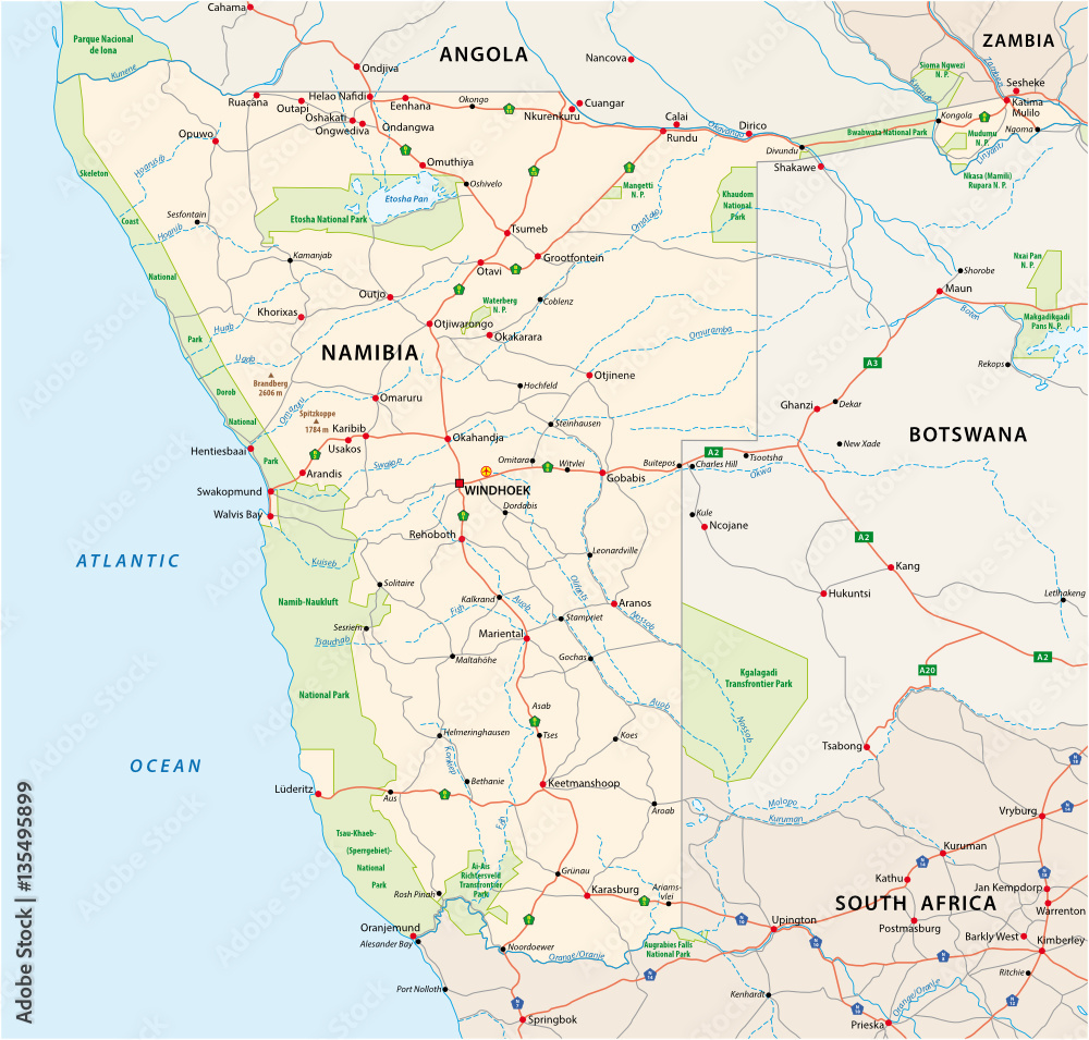 Vector roads and national park map of southwestern africa