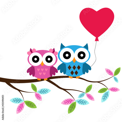Owl boy and girl on a branch with heart air balloon