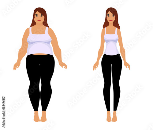 Fat and slim girl. Weight loss fitness.