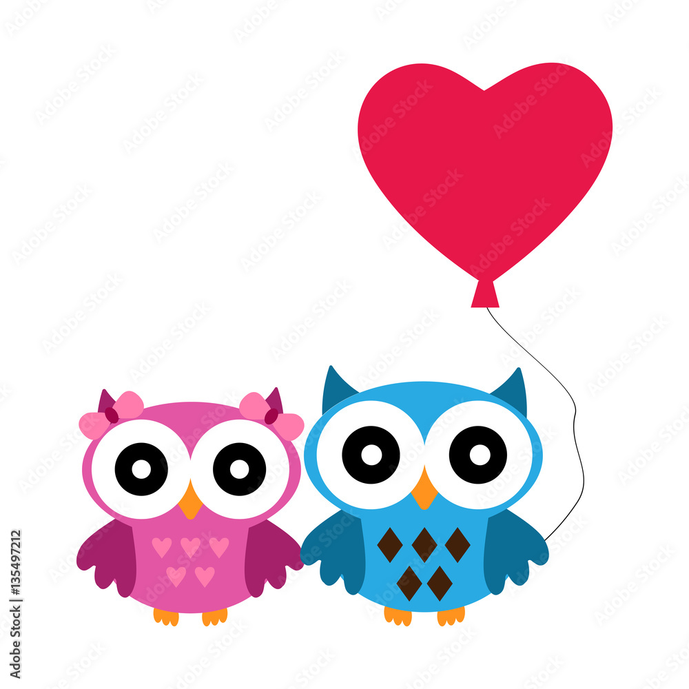 Owl boy and girl with heart air balloon Owl boy and girl with heart air balloon