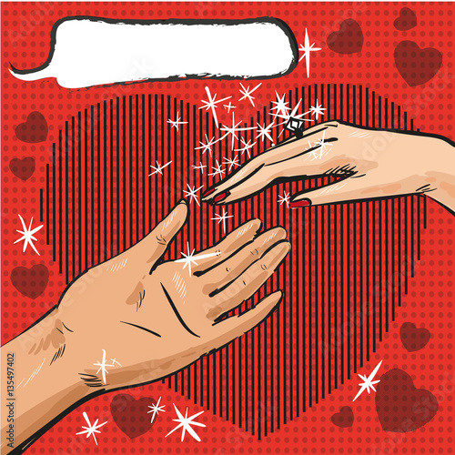 Man and woman hand with ring pop art comics