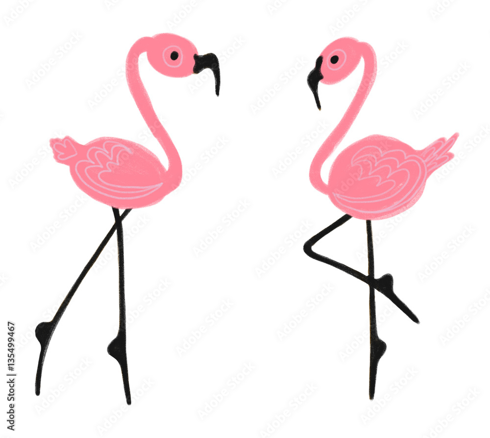 Fototapeta premium Colorful hand drawn pink flamingos, illustration painted by pencil