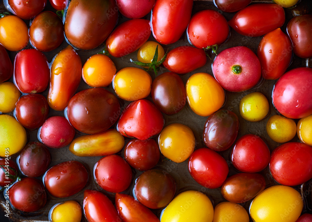 Different small colored tomatoes cherry in water top view Different small colored tomatoes cherry in water top view