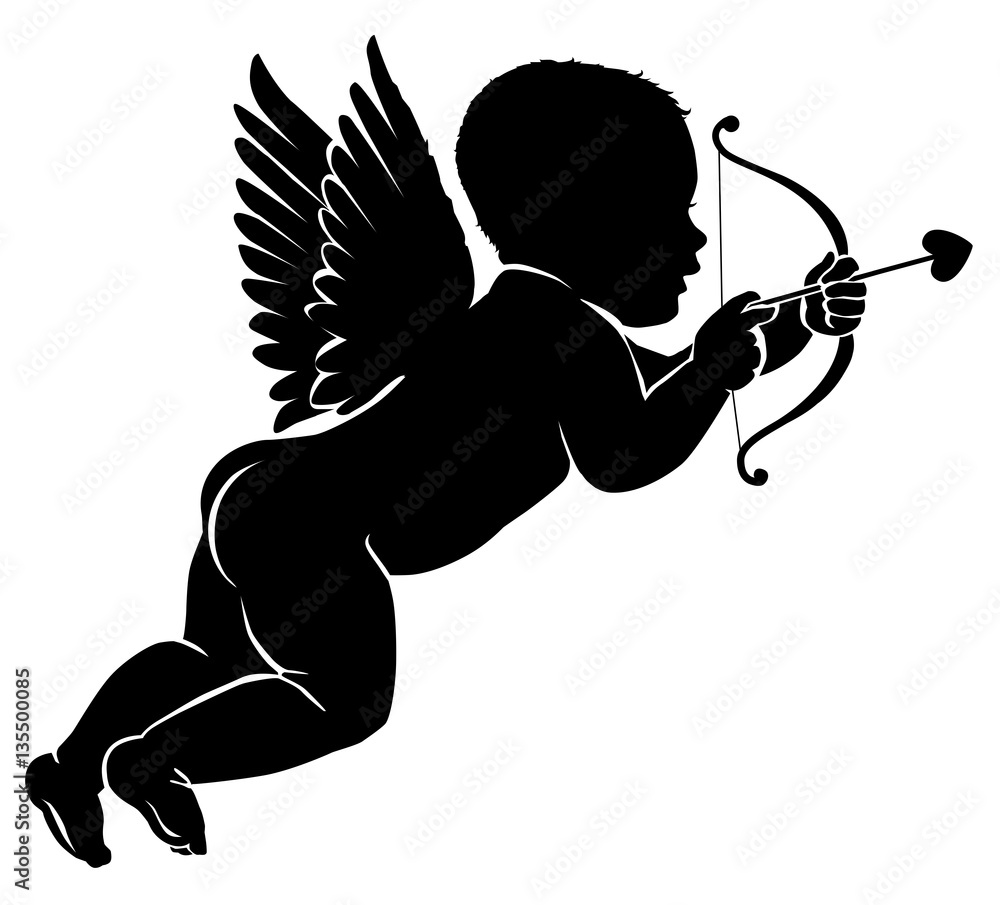 Fototapeta premium Silhouette little cupid with bow and arrow