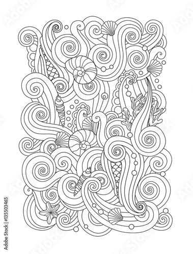 Coloring page with abstract sea background waves  shells  corals. Vertical composition.  book for adult and older children. Editable vector illustration.