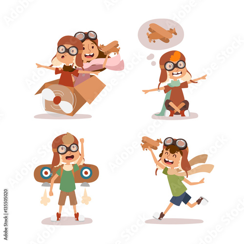 Cartoon vector kids playing pilot aviation character.