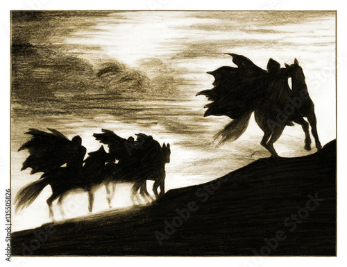 Fototapeta Silhouette of the horsemen